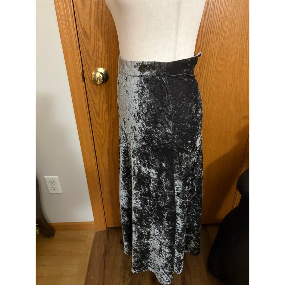 Zara Silver Black Crushed Velvet Midi Skirt High Waisted Side Zip Size S
